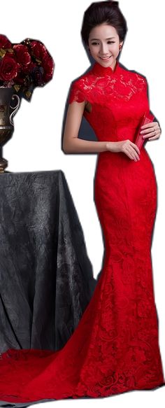 Custom Made  Red Open Back Lace  Cheongsam Qipao With Train - Oriental Me Red Long Cheongsam For Wedding, Long Red Cheongsam For Wedding, Elegant Red Fishtail Gown, Red Formal Evening Dress With Long Train, Elegant Red Gown With Long Train, Red Evening Dress With Long Train For Formal Occasions, Red Fitted Gown With Long Train, Red Fishtail Gown With Fitted Bodice, Elegant Red Wedding Dress For Formal Occasions