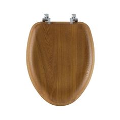 a wooden toilet seat with two metal handles on the front and side, against a white background