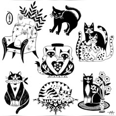 black and white drawings of cats sitting on chairs