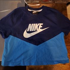 Nike Colorblock Crop Tee Nwot Dark Blue/Lighter Blue Size Xs Cropped Runs A Bit Small Color Block Short Sleeve Athleisure Tops, Athleisure Color Block Short Sleeve Tops, Blue Sporty Crew Neck Top, Sporty Blue Tops With Logo Print, Casual Blue Nike Tops, Blue Crew Neck Top With Logo Print, Blue Sporty Tops With Logo Print, Sporty Light Blue Nike Tops, Sporty Blue Color Block Tops