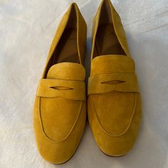 Never Used. Perfect Condition. Yellow Round Toe Heels For Work, Flat Suede Heels For Fall, Yellow Flat Heel Loafers For Fall, Fall Yellow Loafers With Flat Heel, Yellow Loafers For Fall, Yellow Flats With Flat Heel For Fall, Yellow Flats For Fall, Fall Yellow Loafers, Fall Yellow Flats