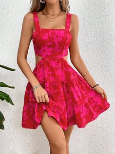 Hot Pink Sexy,Boho Collar Sleeveless Woven Fabric Floral,Plants,All Over Print A Line,Cami Embellished Non-Stretch  Women Clothing Summer Vacation Style, Dress Closet, Fabric Floral, Sweaters And Leggings, Dress For Short Women, Sun Dress, Work Office, Waist Dress, Tank Dress