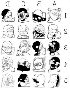 an image of different facial expressions in the style of cartoon characters, with numbers and letters