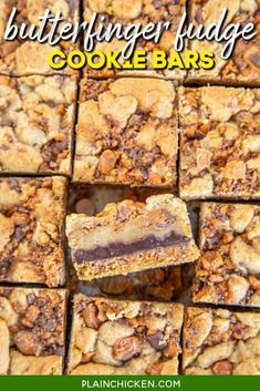 peanut butter fudge cookie bars stacked on top of each other with the title in the middle