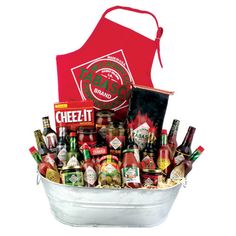 a bucket filled with lots of different types of beer bottles and an apron on top