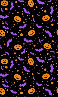 a black background with orange and purple bats, pumpkins and jack - o'- lanterns