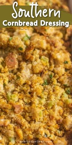 overhead image of cornbread stuffing with Pinterest overlay Best Southern Cornbread Dressing, Easy Southern Cornbread, Cornbread Southern, Dressing Thanksgiving