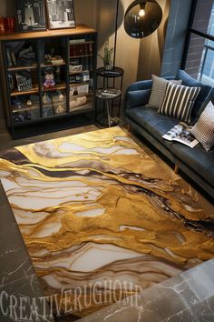 a living room filled with furniture and a large rug on top of a carpeted floor