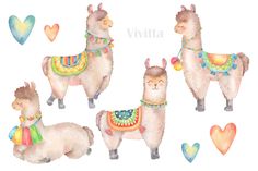 watercolor llamas with hearts on white background