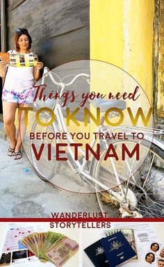 a woman standing next to a bike with the words, things you need to know before you travel to vietnam