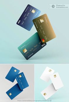 three credit cards flying in the air with different colors and shapes on top of each other