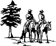 two men riding horses in the woods with pine trees behind them, black and white