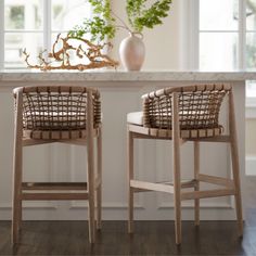 two chairs sitting in front of a counter top