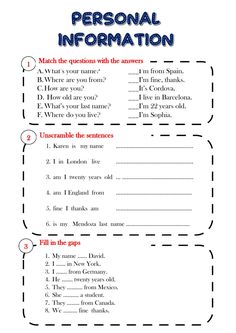 the personal information sheet for students to use in their writing and speaking skills, including