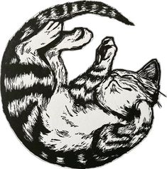 a black and white drawing of a cat laying on its back in front of the moon