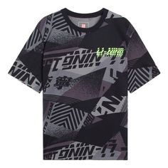 Li-Ning Sports Team Graphic T-shirt 'Black Grey' AHSS119-3 Sportswear T-shirt With Graphic Print For Light Sports, Black Tops With Letter Print For Light Sports, Casual Black Tops For Light Sports, Black Graphic Tee For Sports Season, Black T-shirt With Graphic Print For Sports Season, Black Graphic Print T-shirt For Sports Season, Black Graphic Print Sports Top, Black Graphic Print T-shirt For Workout, Black Sportswear Tops For Light Sports