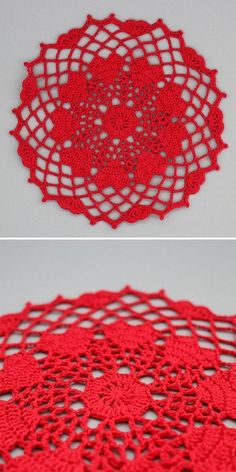 crocheted doily is shown on the left and on the right, in red