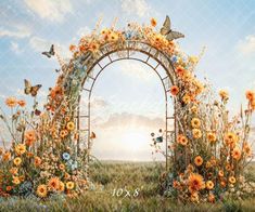 a painting of an arch with flowers and butterflies on it in the middle of a field