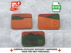 three leather wallets sitting next to each other on top of a white surface with red and green lettering