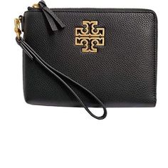 The Tory Burch Britten Large Zip Pouch Is Crafted In A Classy Black Leather That Is Recognizably Luxurious. In Gorgeous Black With Gold-Toned Hardware, This Bag Is Ideal To Add Depth To Any Look. This Pouch Comes With A Removable Wristlet Strap, Making It Comfortable To Carry As A Clutch Or Wristlet. You Can Use As A Clutch Or Travel Wallet To Hold Your Currencies And Passports, For Everyday Use, Or Those Nights Out On The Town! Black Made In Italy. Black Trim And Strap Gold Toned Hardware Featu Tan Clutch For Everyday Use, Gold-tone Hardware Pouch Wallet, Tory Burch Wallet, Black Envelopes, Tory Burch Kira, Blue Wallet, Travel Wallet, Leather Bifold Wallet, Tory Burch Bag