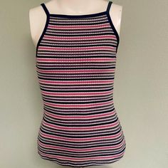 Rue 21 Camisole Tank Top Wide Ribbed Pink Gray Green Black White Striped Polyester Cotton Blend Size S Neckline Spaghetti Straps Armpit To Armpit 11” Shoulder To Shoulder 7” Length 19” Bottom 29” New Without Tags Mint Condition Striped Stretch Tank Top, Trendy Striped Stretch Tank Top, Striped Fitted Tank Top With Tank Straps, Striped Fitted Tops With Tank Straps, Fitted Striped Tops With Tank Straps, Pink Ribbed Stretch Tank Top, Stretch Ribbed Pink Tank Top, Fitted Striped Tank Top With Spaghetti Straps, Multicolor Stretch Cami Top