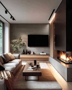 modern living room with fireplace and tv