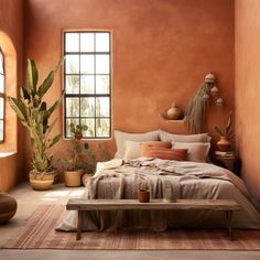 a bedroom with an orange wall and wooden furniture in the corner, along with potted plants