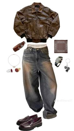 Masc Inspo Outfits, Brown Outfit Aesthetic Men, Vintage Leather Jacket Outfit Men, Vintage Fits Men, Brown Color Combinations Outfits, Outfit Ideas Masc, Brown Streetwear Outfit, Brown Jacket Outfit Men, Hobo Clothes