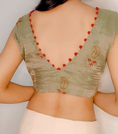 Category: Stitched Blouse Fabric: Pure Banarsi Silk Size - Available in Singapore Studio Note- There may be slight color variations due to photographic reasons. This is a hand-woven product and any irregularities in the weaving or pattern should not be taken as a defect. These irregularities make every handloom piece unique. Designer Blouse Patterns Unique For Silk Saree, Banarsi Silk Saree Blouse Design, Designer Blouse Designs Latest, Banarsi Saree Blouse Design Back Neck, Silk Cotton Blouse Designs Latest, Nice Blouse Designs, Banarsi Blouse Design Latest, Tissue Blouse Designs, Banarsi Blouse Design