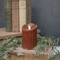 Moving Flame Battery Timer Pillar Candle – Bronze 5” - Primitive Star Quilt Shop Primitive Lamps, Floral Candle Rings, Primitive Lighting, Mud Room Entry, Flameless Tea Lights, Primitive Walls, Fall Bead, Mirror Photo Frames, Long Table Runner