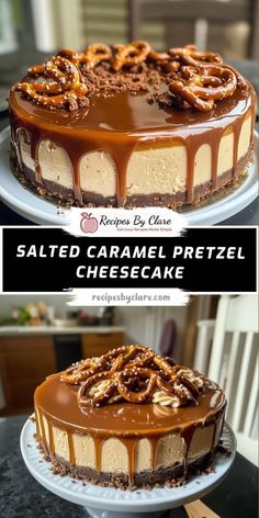 two different cakes with caramel and pretzel toppings on each cake plate