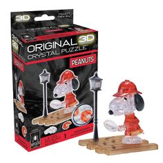 the original 3d crystal puzzle features a dog on a wooden platform with a lamp post