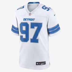 Rep one of your team's top stars with this Detroit Lions Jersey. Proper ventilation and a loose fit help provide a dry, comfortable wear with the authentic look of the on-field uniform. White Breathable Jersey For Team Spirit, Breathable White Jersey For Team Spirit, White Sportswear Jersey, White Jersey For Football Season Sports, White Football Season Sports Jersey, White Sports Jersey For Football Season, Nike White Jersey With Team Name, White Jersey For Team Events During Sports Season, White Sports Jersey For Sports Season