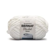 bernat blanket extra yarn ball in white, on a white background with the label