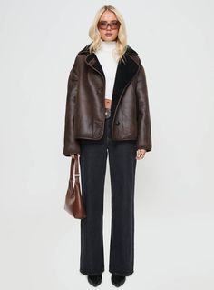 Faux leather jacket  Oversized fit, twin pockets, button fastening  Non-stretch material, shearling lining  Main: 100% PU, Lining 100% polyester  Spot clean garment Leather Jacket In Winter, Leather Fleece Jacket, Oversize Brown Leather Jacket, Women’s Leather Jacket, Women’s Jackets, Fall Jackets 2024, Brown Fleece Jacket Outfit, Faux Jacket Outfit, Brown Jacket Outfit Woman