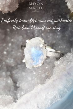 All of our gemstones and diamonds are genuine. Everything we use is carefully hand selected and ethically sourced. You can shop this raw untreated Moonstone ring in rose gold, too. Raw & unique: our Raw Crystal Moonstone ring - embellished with June´s birthstone - reflects the light at every angle. #moonstonering #rainbowmoonstone #roughcut #rawcrystaljewelry #rawcrystalring Mystical Moonstone Ring, Moon Shaped Moonstone Ring With Natural Stones, Mystical Moonstone Anniversary Ring, Spiritual Moonstone Wedding Ring With Natural Stones, Spiritual Moon-shaped Moonstone Ring, Celestial Moonstone Crystal Ring With Gemstone, Magical Moonstone Ring As A Gift, Spiritual Untreated Moonstone Ring For Anniversary, Mystical Moonstone Ring For Anniversary