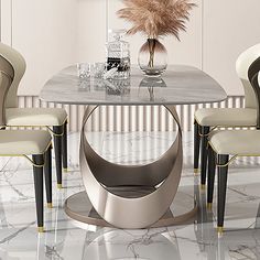 a marble dining table with chairs around it