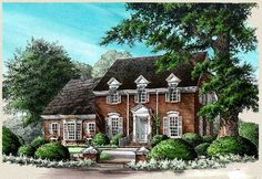 a drawing of a brick house with white trim