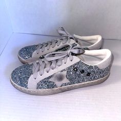 Questions? Leave A Comment Below! Silver Low-top Sneakers With Bling, Low-top Synthetic Sneakers With Glitter Accents, Metallic Low-top Sneakers With Glitter Accents, Silver Studded Low-top Sneakers, Golden Goose Silver, Source Unknown, Star Sneakers, Golden Goose, White Silver