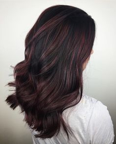 Dark Red Streaks In Black Hair, Red Balayage Straight Hair, Asian Hair Red Highlights, Cherry Brown Highlights, Dimensional Black Hair, Red Highlights Hair, Highlights Hair Ideas, Black Hair With Red Highlights, Black Hair Ideas