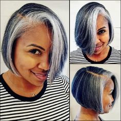 Pompadour Haircut For Women, Black Woman Salt And Pepper Hair, Silver Hair Highlights Black Women, Grey Hair Highlights Black Women, Gray Stacked Bob Haircut, Salt And Pepper Bob Black Women, Grey Hair Inspiration Black Women, Salt And Pepper Natural Hair Black Women, Gray Hair Styles For Black Women