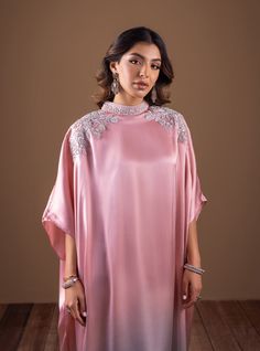 Pink Flame Silk Kaftan With Kimono Sleeves For Wedding, Elegant Evening Kurta With Sequins, Silk Kaftan With Traditional Drape For Evening, Silk Kaftan For Evening With Traditional Drape, Silk Embellished Kaftan For Reception, Elegant Wedding Kaftan With Embroidered Neckline, Elegant Silk Tunic For Eid, Pink Resham Embroidery Kaftan For Wedding, Elegant Hand Embellished Kaftan For Designer Wear