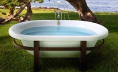 an oval shaped bathtub in the grass with water running from it's faucet