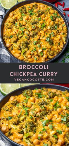 broccoli chickpea curry in a pan with lime slices