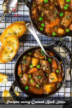 two pans filled with stew and bread on top of a cooling rack next to each other