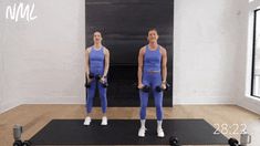 two women doing exercises with dumbbells in a gym