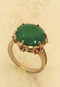 Green Aventurine, Pink Tourmaline & CZ Ring. Size: UK-L¼ , US-6½ Green Gemstone Ring With Stone Setting, Elegant Green Emerald Ring With Stones, Formal Emerald Ring With Stone Setting, Green Round Rings With Stones, Antique Green Multi-stone Ring, Round Emerald Party Ring, Party Rings With Stones, Green Crystal Ring With Gemstone Accents, Fine Jewelry Green Ruby Ring