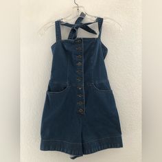 Stretch Denim Romper Rare Find!! Chic Denim Overall Shortalls, Denim Shortalls For Day Out, Chic Denim Overalls For Day Out, Chic Fitted Cotton Shortalls, Chic Denim Shortalls For Spring, High Rise Denim Shortalls For Spring, Fitted High Waist Shortalls For Spring, Fitted Dark Wash Shortalls For Spring, Spring Fitted Denim Blue Shortalls