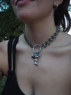 Duo Chain Chainmail Choker with a Barrel-Weave and 4in1 Chain This chainmail choker is crafted from stainless steel and adorned with various customizable charms and pendants. Metal Link Choker With Lobster Clasp, Metal Chain Link Choker With Lobster Clasp, Handmade Stainless Steel Chain Link Necklace, Metal Chain Dangle Choker, Metal Chainmail Choker As A Gift, Metal Chain Choker With Dangle, Metal Pendant Choker With Chain Detail, Metal Pendant Choker With Chain, Handmade Stainless Steel Choker Necklace