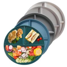 three plates with compartments filled with food on each one and the other divided into sections